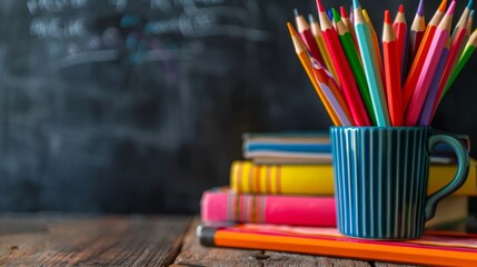 Obraz premium A cup filled with colored pencils next to a stack of books, a picture, academic art, blackboard in background, generated with AI