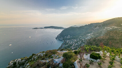 Scenic timelapse view of the Mediterranean coastline of the town of Eze village on the French Riviera