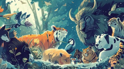 A menagerie of different animals, illustrated, stylised, hand drawn, cinematic, dramatic, generated with AI