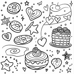 hearts, cute cakes, Donuts, stars, swirls,coloring page