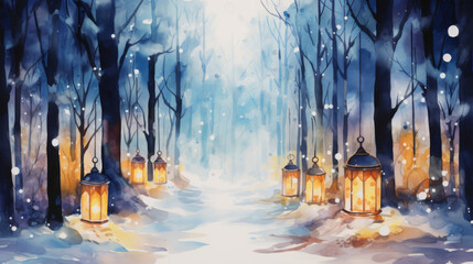 Winter forest pathway lined with lanterns and snow, magical watercolor drawing
