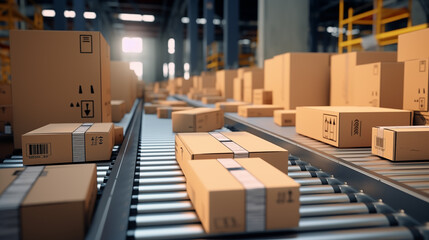 Several cardboard boxes move along a conveyor belt. In the warehouse distribution center, delivery and sorting of products are carried out using an automated system.