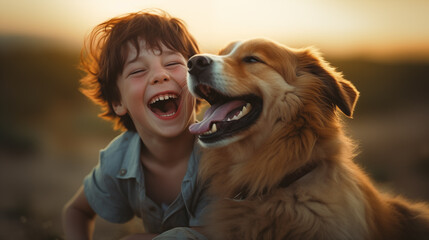 Cheerful boy laughing with dog outdoors Shows the friendship between children and pets. summer vacation