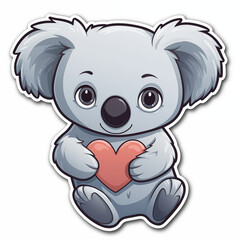 Sticker, Sleepy Koala Hugging a Heart, kawaii, contour, vector, white background