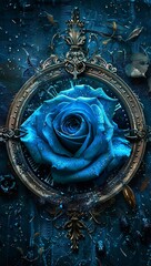 a blue rose in a gold frame