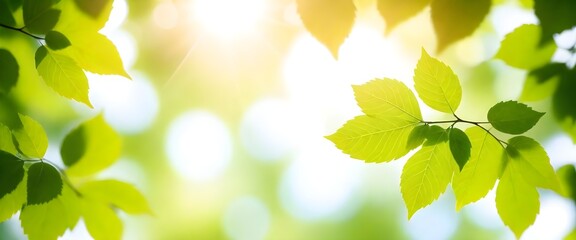 Blurred green leaves with bright sunlight, natural background