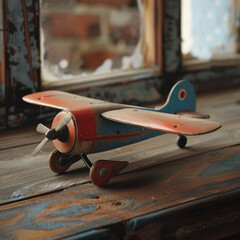 A handmade toy airplane sits on a wooden table. which still retains its unique charm,