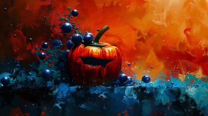 An image of a pepper and blue beads in the center, in the style of digital mixed media, halloween, vibrant still lifes, dark orange and light azure, bold color blob, generated with AI - Powered by Adobe
