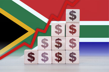 South Africa economic collapse, increasing values with cubes, financial decline, crisis and downgrade concept