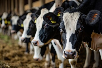 Obraz na płótnie Canvas Cows in a row grazing in a barn cow livestock mammal.