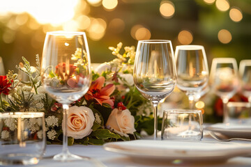 Elegantly set table for an event, with fine glassware and floral arrangements in warm evening light.