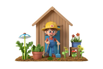 Cartoon Character Potting Shed On Transparent Background.