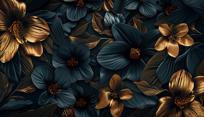 sophisticated dark blue flowers with golden accents for exclusive wallpaper design