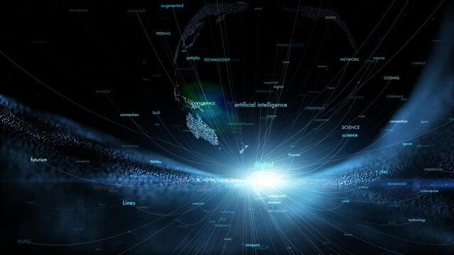 Futuristic 3d earth planet with concept technology and science word cloud animation.