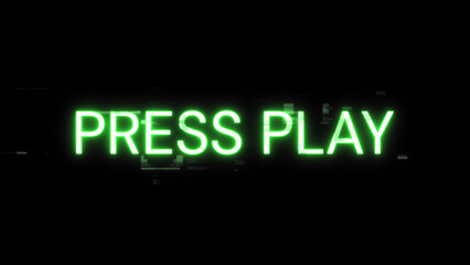 3D rendering press play text with screen effects of technological glitches
