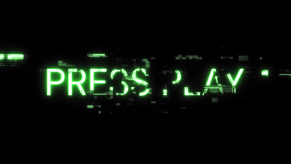 Obraz premium 3D rendering press play text with screen effects of technological glitches