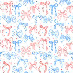 Coquette seamless pattern 4th of July ribbon bow watercolor transparent background