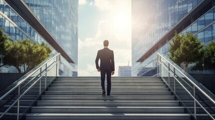 young businessman walking up the stairs in front of a modern office building. back view