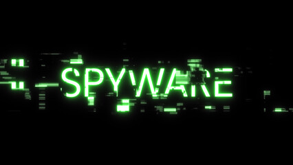 3D rendering spyware text with screen effects of technological glitches