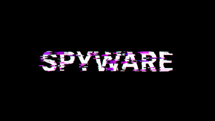 3D rendering spyware text with screen effects of technological glitches