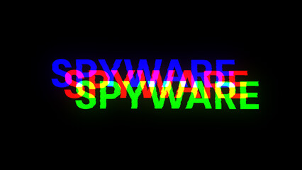 3D rendering spyware text with screen effects of technological glitches