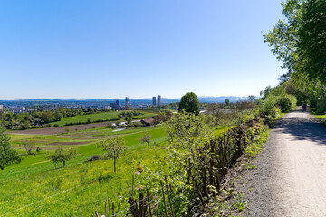 Fototapeta na wymiar Scenic view of landscape with Glatt Valley and mountain panorama in the background at Swiss City of Zürich on a sunny spring day. Photo taken April 27th, 2024, Zurich, Switzerland.