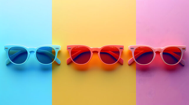 Three sunglasses in different colors on a three different color backgrounds. Copy space for text. Colorful summer concept.
