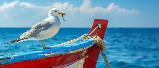 Seagull perched on the bow of an old wooden boat, holding fish in its beak, overlooking calm blue sea with horizon line.