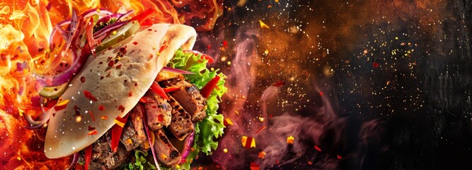 Fresh grilled beef turkish or chicken arabic shawarma doner sandwich with flying ingredients and spices hot ready to serve and eat food commercial advertisement menu banner, generated with AI