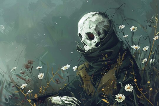 A hooded skull amidst a field of daisies. This creates a stark contrast between the symbols of death and life.