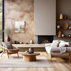 Obraz premium Sofa and chair near fireplace. Loft interior design of modern living room, home.