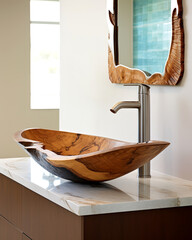Stylish wooden wash basin vessel sink and chrome faucet on vanity with marble countertop. Minimalist interior design of modern bathroom.