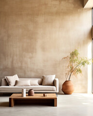 Beige sofa against weathered stucco wall with copy space. Loft interior design of modern living room, home.