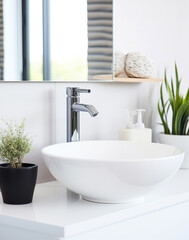 White round wash basin vessel sink and chrome faucet on white vanity. Minimalist interior design of modern bathroom.