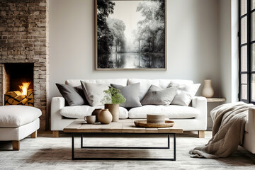 Scandinavian farmhouse interior design of modern living room, home with fireplace.