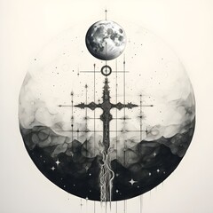 moon phases and a cross in the background, in the style of layers and lines, wizardcore, detailed ink drawings, golden ratio, detailed skies, black and white ink, marbleized