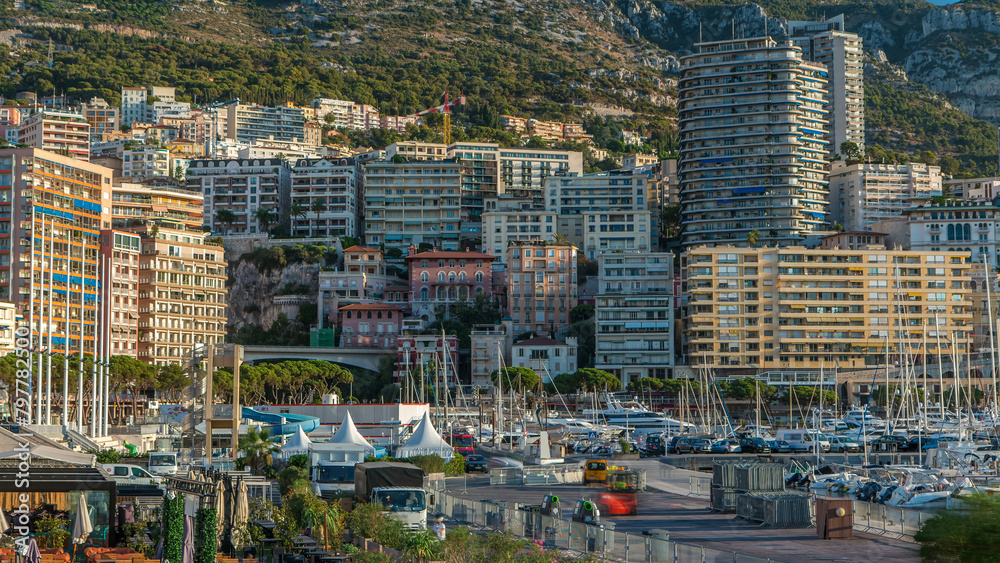 Wall mural monte carlo port hercule panorama timelapse. view of luxury yachts and houses in monaco, cote d'azur