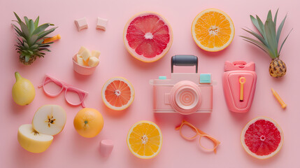 Summer accessories, fruits and sweets on a light pink background. Flat lay. Summer favorite things concept.