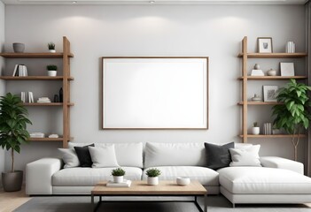 A modern minimalist living room with a large blank white frame on the wall, surrounded by wooden shelves and decor items