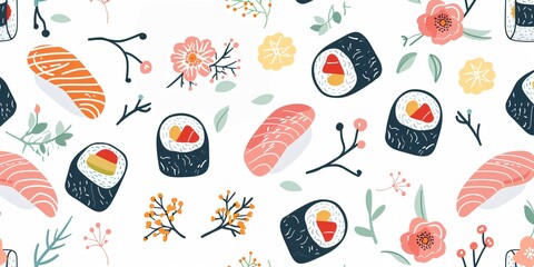 Seamless pattern with sushi and flowers on white background.	