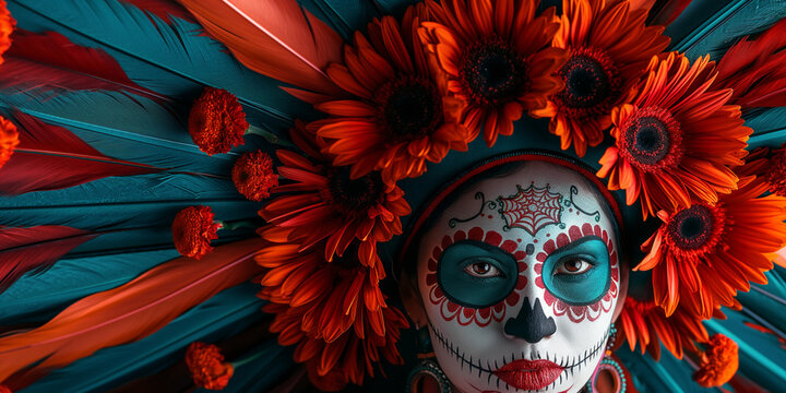 Gesicht einer Frau mit Totenkopf bemalt spanische Religion für Dia de los Muertos, ai generativ