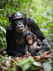 Adult chimpanzee with its baby in a lush jungle setting.