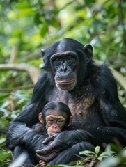 Adult chimpanzee with its baby in a lush jungle setting.