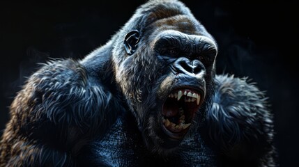 Medium portrait of a large silverback gorilla pounding its chest while roaring, it is overly muscular and the background is solid black photorealistic 4k high-quality, generated with AI