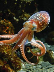 Octopus gliding through the water with extended tentacles.
