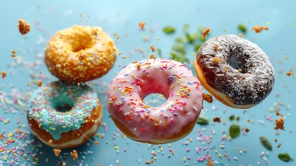 Colorful donuts with sprinkles on blue background, closeup. Donuts on a Background with Copy Space. 