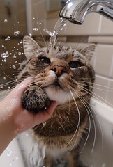 a cat being washed by a hand