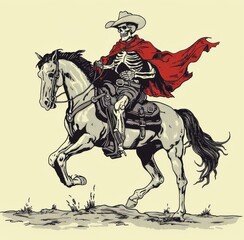 Simple line drawing of skeleton cowboy on horse sticker, illustration, simple design, bold lines, in the style of vintage western style, generated with AI
