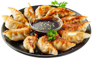 A plate of dumplings surrounded by a variety of dipping sauces, ready to tantalize the taste buds