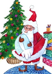 New Year card. Watercolor Santa Claus reads the gift list from children near the decorated Christmas tree and gift boxes